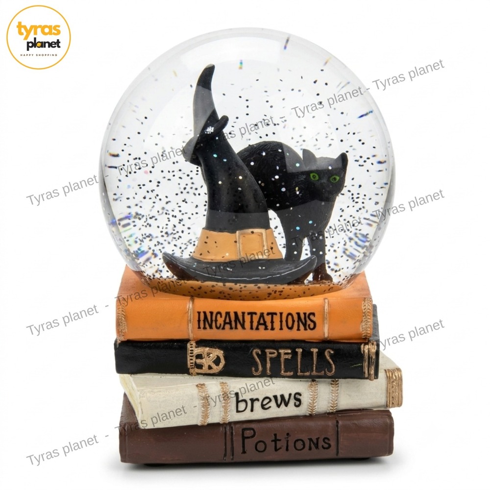 Halloween Musical Snow Glitter Globe Black Cat Witch Hat Spell Books Witchy
